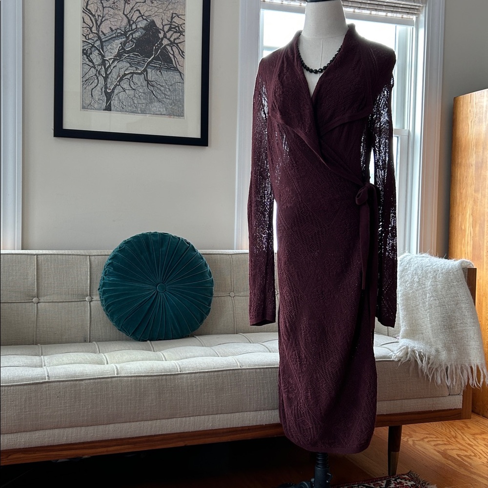 Peruvian Connection Merlot Crochet-Knit Long Duster Cardigan Pima Cotton/ Bamboo